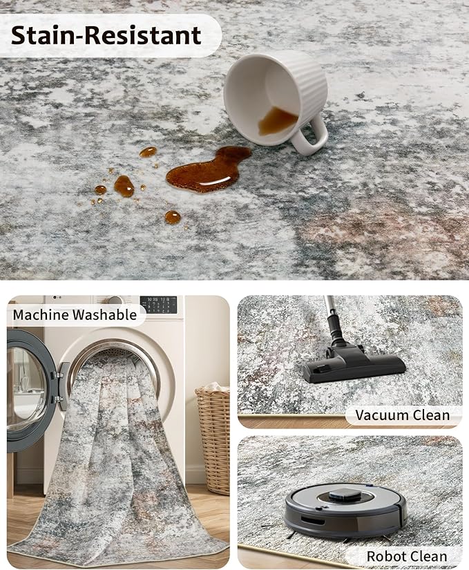 Art&Tuft Washable Rugs 8x10 - Stain Resistant Abstract Large Area Rugs for Living Room, 8x10 Area Rugs with Anti-Slip Backing, Foldable Machine Washable Area Rug(8'x10', Grey/Rust)