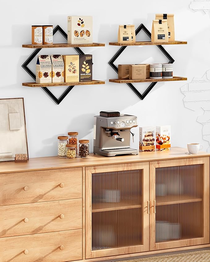 CHOEZON Floating Shelves, Set of 2 Wall Shelves, 2-Tier Hanging Shelves, Wall Shelf Set of 2, Wall Mounted Shelves, for Living Room, Bedroom, Kitchen, Office, Study, Rustic Brown TBJ01P2BF