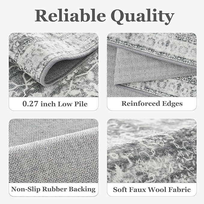 Grey Neutral Area Rug 6x9, Vintage Gray Rugs for Living Room Bedroom, Washable Non Slip Low Pile Thin Carpet Rug for Dining Room Guest Room Home Office