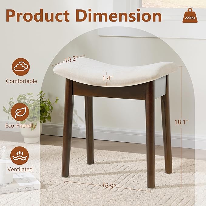 Royal Windsor Vanity Stool with Saddle Cushion, 18 Inch Makeup Vanity Chair for Living Room, Modern Foot Stool Ottoman Piano Bench,Small Upholstered Bench for Bedroom, White