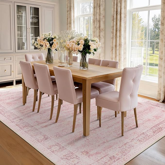 Pink Rug 8x10 for Living Room, Aesthetic Distressed Area Rugs for Bedroom Girls Playroom, Washable Non Slip Nursery Rug Stain Resistant, Low Pile Thin Carpet Rug for Dining Room Home Office