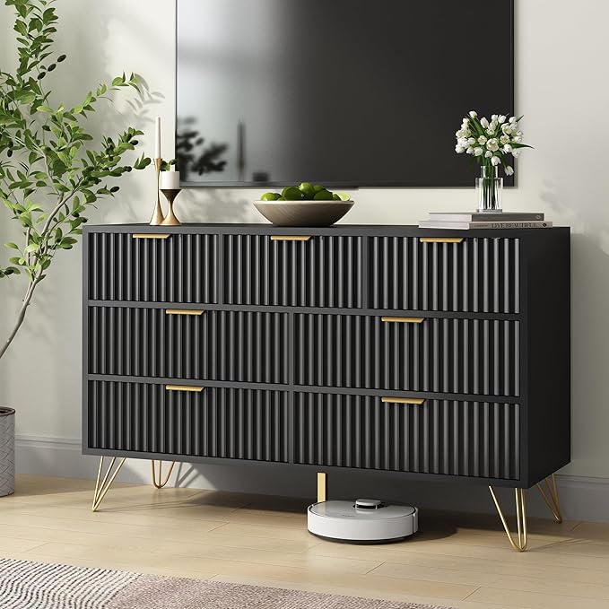 Black Dresser for Bedroom, 7 Drawers Dresser with Golden Handles, Modern Wood Chest for Living Room, Hallway, Entryway