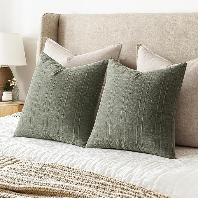 MIULEE Decorative Linen Check Euro Shams Throw Pillow Covers Neutral Farmhouse Vintage Spring Pillow Covers 22x22 Set of 2 Boho Modern Home Decor for Sofa Couch Bedroom Cushion Olive Green