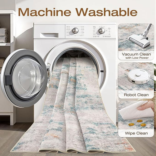 8x10 Area Rugs Living Room: Washable Large Neutral Aqua Brown Rug Abstract Soft Modern Stain Resistant Indoor Floor Non-Slip Carpet for Bedroom Nursery Kids Office Playroom Dining Room Under Table