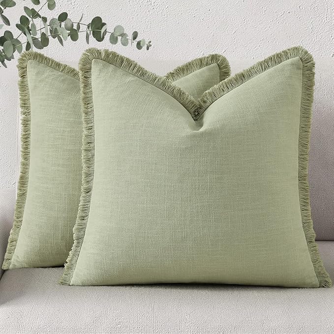 decorUhome Summer Decorative Neutral Linen Fringe Euro Sham Throw Pillow Covers Set of 2 Sage Green Pillow Covers with Tassels Soft Farmhouse Boho Accent Pillow Cases for Couch Bed Sofa 26x26 Inch