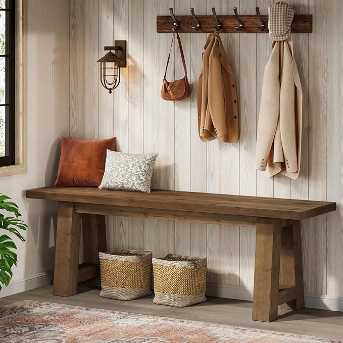55" Solid Wood Bench, Farmhouse Long Entryway Bench for Living Room, Dining Room, Dark Brown