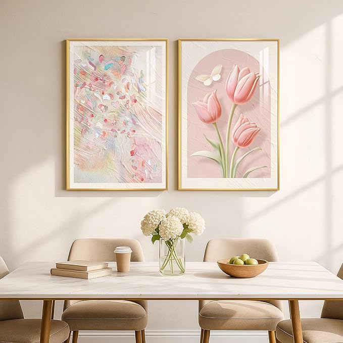 Framed Boho Floral Pink Wall Art for Bedroom, Set of 2 Tulip Flower Abstract Canvas Artwork for Walls, Modern Romantic Botanical Paintings Prints for Living Room Office Hallway Wall Decor, 20x30 Inch