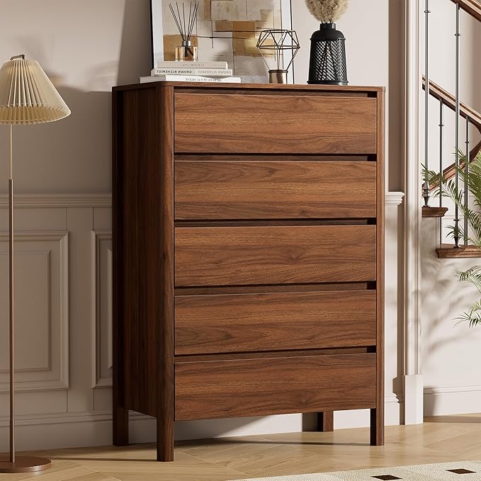 Furniway 45" Tall Mid-Century Modern Dresser for Bedroom, 5 Drawer Chest of Drawers with Solid Wood Legs, Large Storage Tall Dresser, Walnut