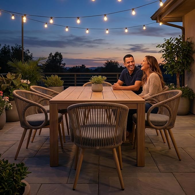 Modern Outdoor Dining Chair Set of 6 with Cushion, Scandinavian Rope Woven Patio Armchairs, Wood-Look Metal Frame, Weather-Resistant Balcony Backyard Dining Seating, Brown