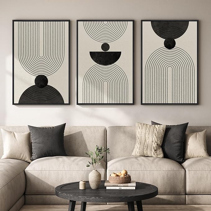 Large Framed Boho Abstract Wall Art for Living Room, 3 Piece Black and White Modern Minimalist Canvas Artwork for Walls, Bauhaus Geometric Prints Wall Decor for Bedroom Dining Room Office, 24x36 Inch