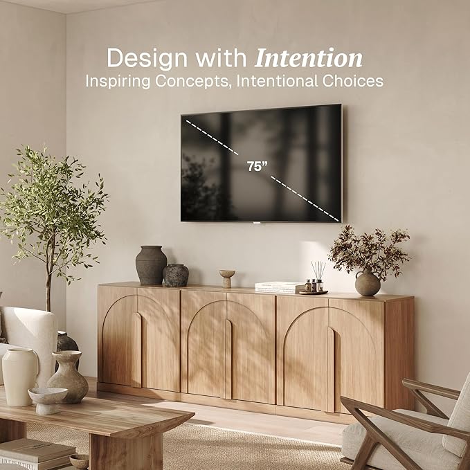 BELLEZE Bijou Modular Media Console Wall Unit (94.5" Wide)-Extra Long Entertainment Center & Storage System-Arched Door Sideboard for Living Room & Office-Hides All Clutter, Camel