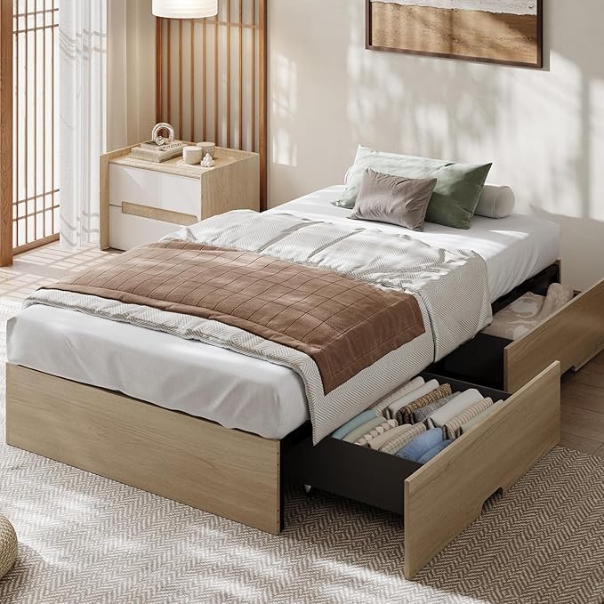 GarveeHome Twin XL Size Wood Platform Bed Frame with 2 Storage Drawers, Wooden Bed Frame Without Headboard, Wood Slat Support, No Box Spring Needed, Easy Assembly