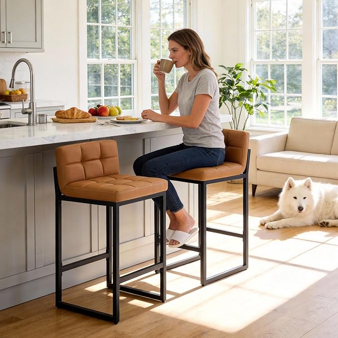 FIRAVOE Counter Height Bar Stools Set of 2, Modern Faux Leather Counter Stools with Low Back and Footrest, Upholstered Bar Chairs for Kitchen Island, Bar (Caramel Brown, 2Pcs 26" Counter Stools)