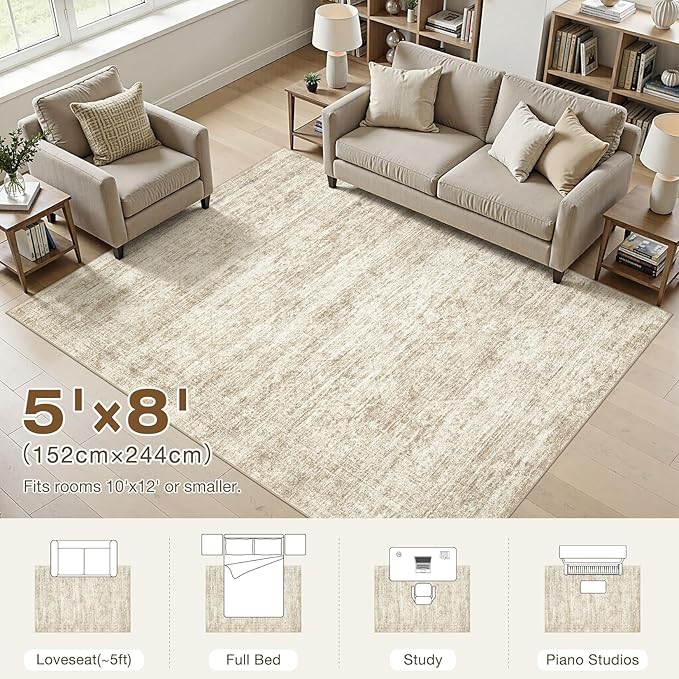 cotiled Large Area Rugs for Living Room 5x8, Machine Washable Rugs with Non Slip Backing Modern Neutral Abstract Rugs Stain Resistant Distressed Carpets for Home Office Decor (5x8 Beige/Brown)