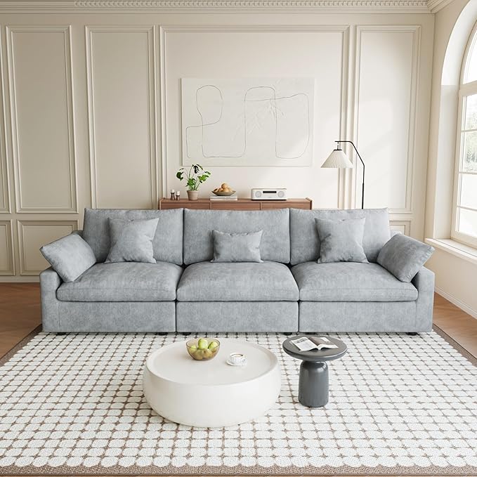 Modular Sectional Sofa Cloud Couch, 119.29" Oversized 3 Seater Sofa with Pillows, Linen Blend Fabric Minimalist Deep Seat Sofa Couches for Living Room, Sofa Covers Washable&Removable, Grey