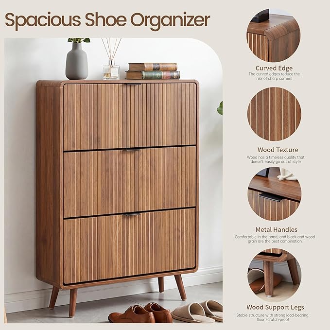 FurSch Fluted Shoe Storage Cabinet with 3 Flip Drawers, Narrow Shoe Rack Cabinet Organizer with Adjustable & Removable Shelves for Entryway (All Walnut, 3 Drawers)
