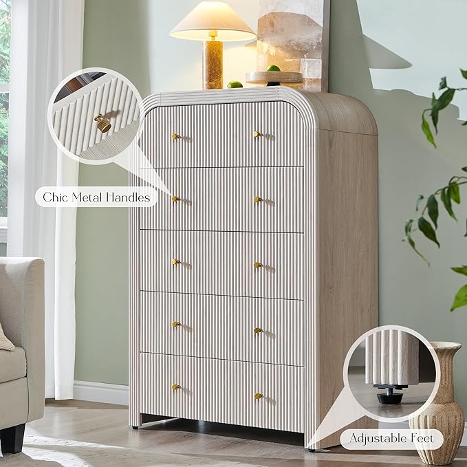 T4TREAM Fluted Dresser with 5 Drawers, 48" Tall Modern Chest of Drawers with Thickened Curved Profile Design, Wood Closet Clothes Storage Organizer for Bedroom, Living Room, Hallway, Alder White
