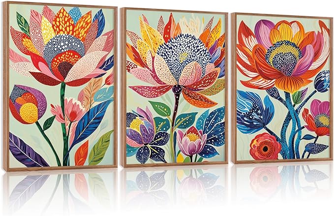 HPINUB Abstract Botanical Floral Framed Canvas Wall Art Set,(Set of 3,12X16 Inch) Colorful Dot Art Modern Flower Wall Decor,Vibrant Blooming Flowers Artwork Boho Art Print for Living Room,Bedroom
