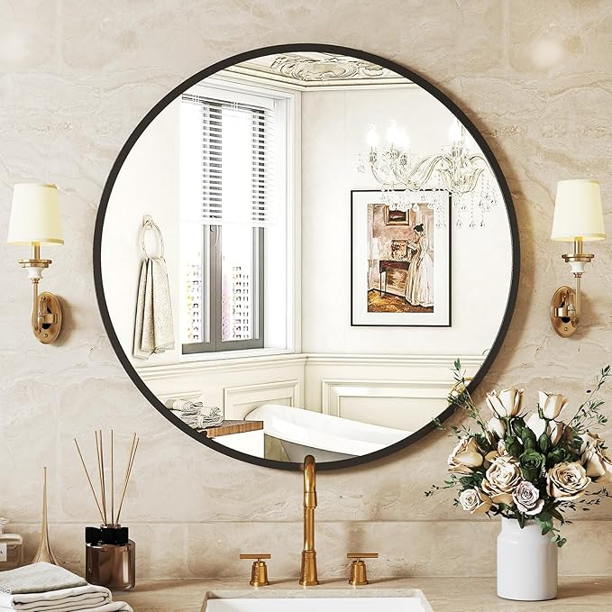 Sweetcrispy 20-inch Black Round Wall Mirror, Circle Bathroom Mirrors with Metal Frame, Wall-Mounted Mirrors for Living Room, Bathroom, Entryway