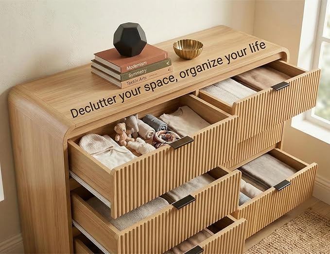FURSUN Fluted 6 Drawers Dresser for Bedroom, 54" Wide Wooden Dresser with Metal Handle, Curved Profile Design, Modern Storage Organizer for Bedroom, Living Room, Hallway, Natural Oak