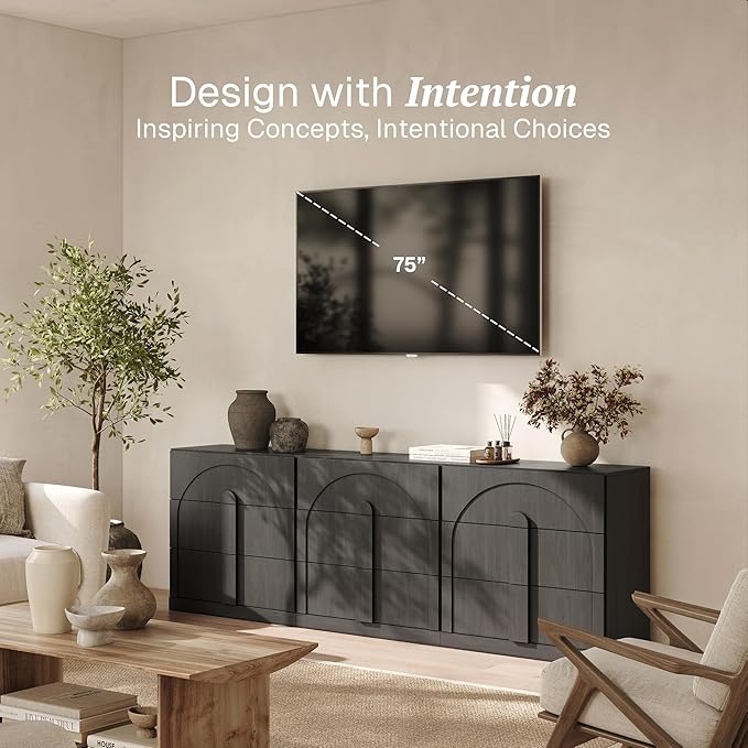 BELLEZE Sideboard Cabinet with 3 Drawers, Set of 3 Modern Wood Buffet Cabinet with Arc Design, Large Fluted Sideboard with Storage for Dining Room Living Room Entryway, Ebony