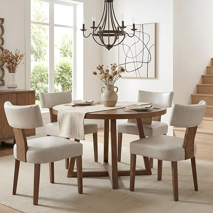HNY Mid Century Modern Dining Chairs Set of 6, Farmhouse PU Leather Upholstered Accent Chair Curved Backrest Kitchen Chairs, with Hardwood Frame, Grey