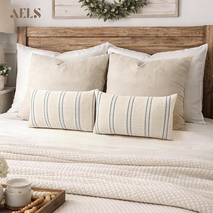 AELS 12x20 Decorative Farmhouse Linen Blend Throw Pillow Covers, Boho Textured Pillow Case, Set of 2, Beige with White & Navy Blue Stitch Yarn Dyed Stripe Cushion Cover for Living Room (Cover ONLY)