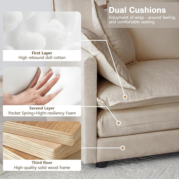 Modular Sectional Sofa, 111.5 Inch I-Shaped Cloud Sofa with Deep Seat Chenille Sofa with Cushions, Three-Self Sectional Sofa for Living Room Apartment,Light Coffee