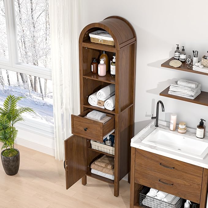 Lxsxlome 64" Tall Bathroom Storage Cabinet with Adjustable Shelves,Tall Narrow Arched Freestanding Tower Cabinet with Fluted Doors and Drawers,Space Saving Organizer for Bathroom Living Room (Walnut)