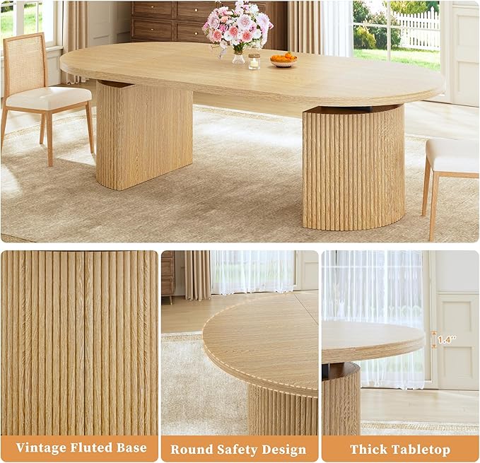 HUAHUU Extendable Round Dining Table for 4-8, 39in-77in Long Large Kitchen Table with Fluted Base, Space Saving Modern Farmhouse Oval Dinner Tables for Dining Room, Kitchen, Living Room, Natural