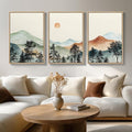 Framed Large Mountain Wall Art for Living Room, 3 Piece Boho Watercolor Landscape Artwork for Walls, Mid Century Modern Mountain Forest Sunset Scenic Canvas Prints for Office Hallway Decor, 24x36 Inch