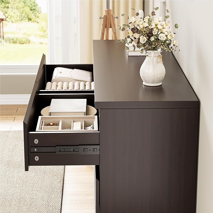 Jocoevol Modern 6 Drawer Dresser - Simply Chest of Drawers for Bedroom, Closet, Living Room, Hallway, Entryway, Wood Storage Double Dresser with Smooth Metal Rails - Retro Brown