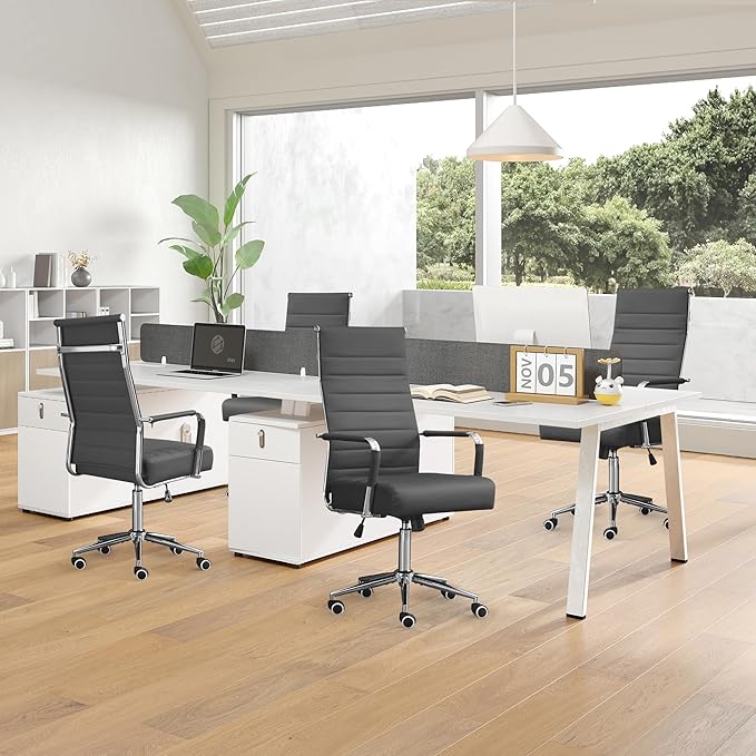 Office Desk Chair, Leather Conference Room Chairs with Wheels and Arms, Modern Ergonomic High Back Executive Ribbed Height Adjustable Swivel Chair for Home Office (Grey)