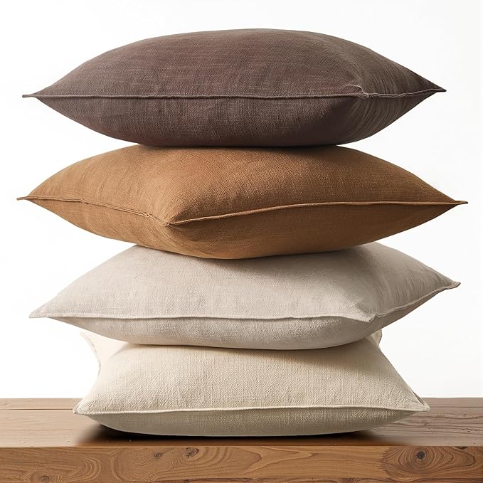 Decorative Throw Pillow Covers Neutral Brown Linen Flange Fall Farmhouse Throw Pillows for Couch Pack of 4 Rustic Cushion Covers for Couch LivingRoom Bed and Balcony Home Decor 20x20 Inch