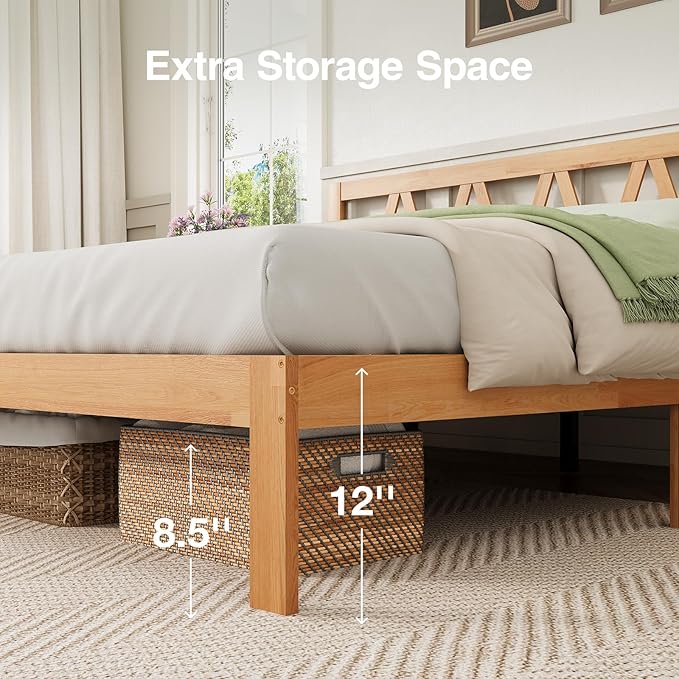 Novilla 12 Inch Full Size Bed Frame Full Bed Frames with Headboard Solid Wooden BedFrame Foundation, No Box Spring Needed, Easy Assembly, Natural Grain Wood