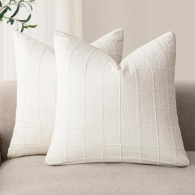 Foindtower Set of 2 Decorative Linen Check Throw Pillow Covers Neutral Farmhouse Vintage Cushion Covers Modern Boho Home Decor for Sofa Chair Couch Bedroom Living Room,22×22 Inch,Cream White
