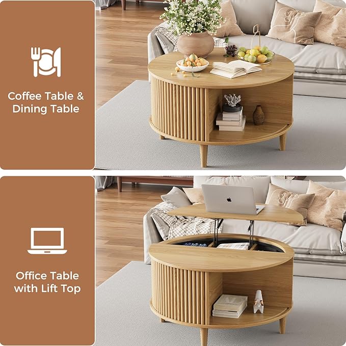 Lift Top Coffee Table with Storage, Fluted Round Center Table with Sliding Cabinet Door, Small Circle Table for Living Room, Natural Oak