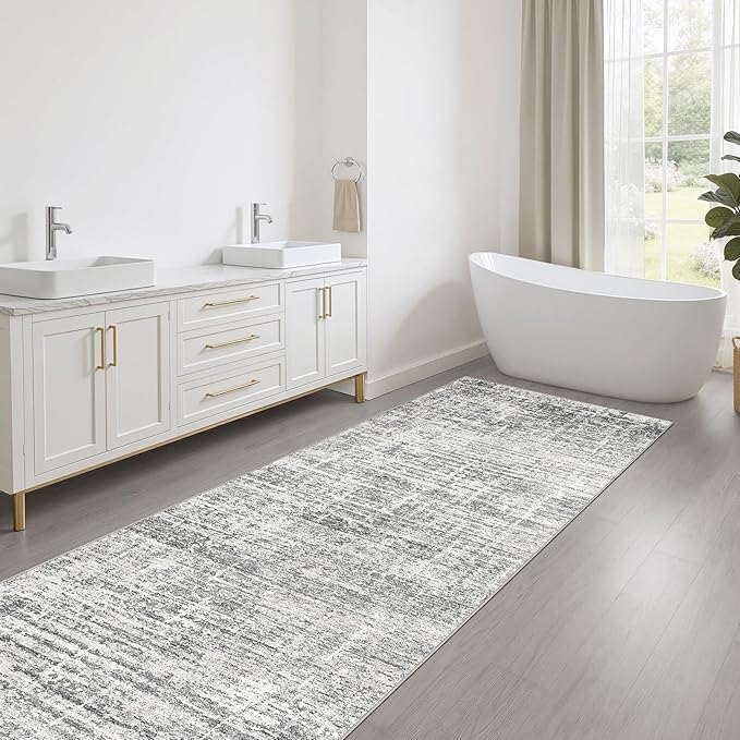 Runner Rug Non-Slip Kitchen Rug: 3x8 Washable Abstract Modern Soft Stain Resistant Indoor Floor Neutral Accent Throw Carpet for Hallway Bathroom Laundry Room Bedroom Entryway- Grey