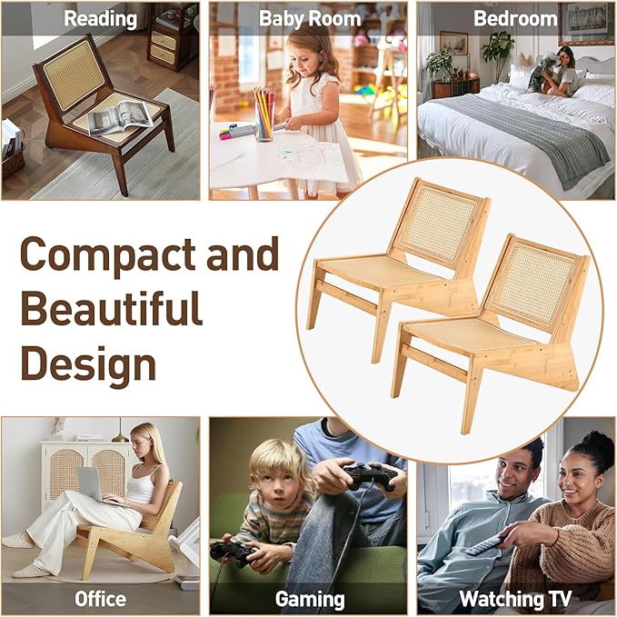Welnow 2-Pcs Mid Century Rattan Accent Chair, Bamboo Wood Lounge Chair with Woven Cane Backrest, Low Armchair for Living Room, Bedroom, Balcony or Reading Corner, Natural