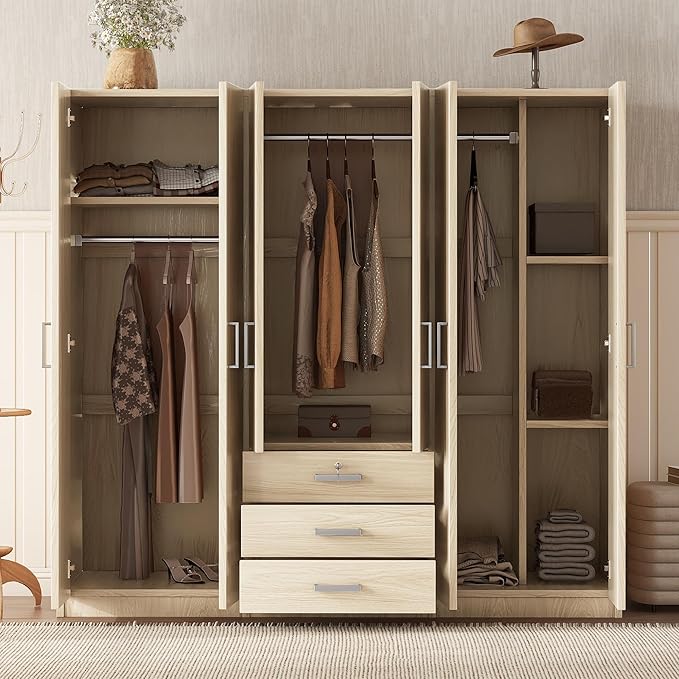 6 Door Armoire Wardrobe Closet with Big 3 Drawers, Wooden Freestanding Bathroom Armoire Cabinet with Shelves and Hanging Rod, Clothes Storage Organizer for Bedroom, Guest Room (Brown)