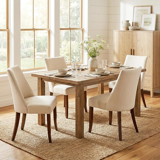 Wooden Dining Chairs Set of 6, Upholstered Farmhouse Fabric Dining Room Chair, Mid Century Kitchen Chair for Restaurant & Cafe, Beige