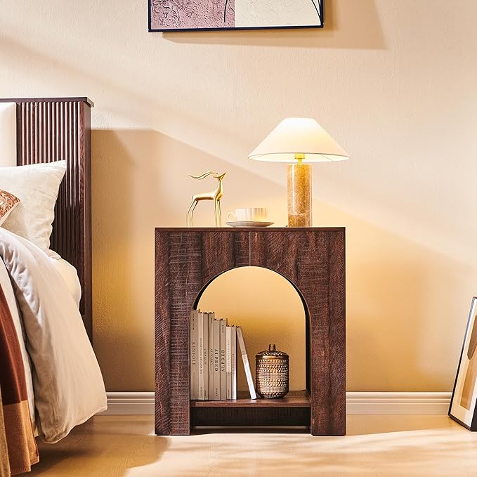 Arched End Table Set of 2 with Type-C Charging Station, 22" Modern Bedroom NightStand with Arched Shelf, Side Table with Outlet, USB, Type-C Port for Bedroom, Brown