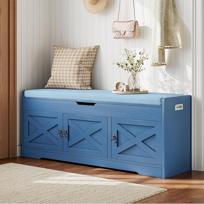 Farmhouse Shoe Storage Bench with Cushion Seat, 3-Tier Entryway Bench with Lift Top Storage and Adjustable Shelf, Bench for Hallway, Bedroom, Blue