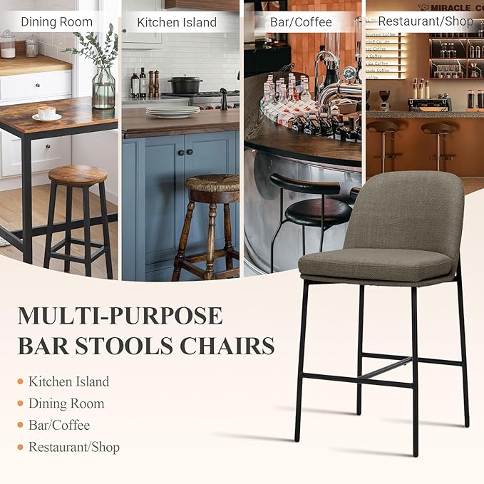 COLAMY Counter Height Bar Stools Set of 2, 25 Inch Modern Fabric Kitchen Island Stools with Back, Upholstered Counter Barstools Armless Bar Chairs with Metal Legs for Island Dining Room Bar,Brown