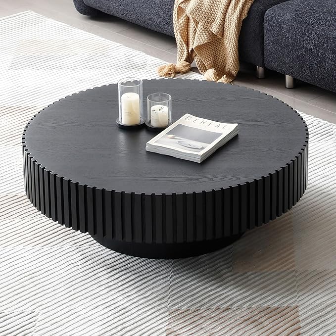 39.4" Black Round Coffee Table Wood, Modern Drum Fluted Coffee Table for Living Room, Contemporary Low Circle Center Table Side Table for Apartment, Farmhouse, Office, mesa de Cafe