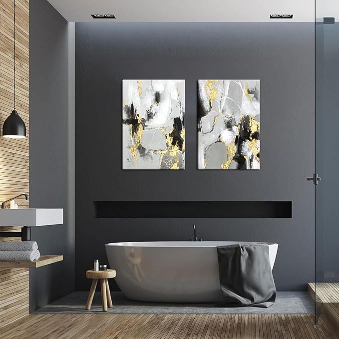 Framed Abstract Black Gold Wall Art Set of 2, Modern Black White Gold Canvas Prints Poster Picture for Living Room Bedroom Office Wall Decor 12 x 16 Inch