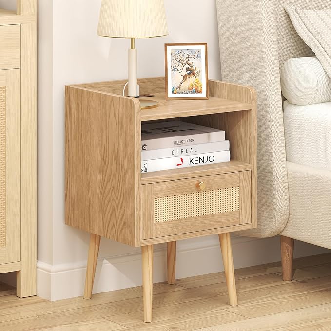 MECHYIN Nightstand with Charging Station & Rattan Decor Drawer, Boho Bedside End Table with Solid Wood Feet, Bed Side Table with Open Storage for Apartment Bedroom Living Room Dorm - Natural