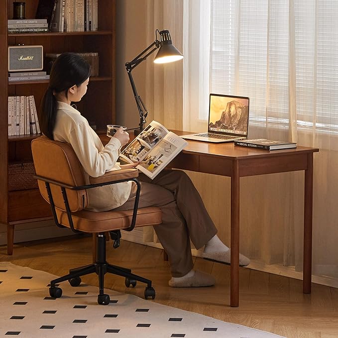 100% Solid Wood Desk, Home Office Writing Desk, Mid Century Modern Computer Desk with Drawers for Study Living Room 47" W