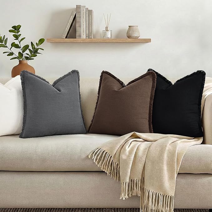 decorUhome Summer Decorative Neutral Linen Fringe Euro Sham Throw Pillow Covers Set of 2 Chocolate Pillow Covers with Tassels Soft Farmhouse Boho Accent Pillow Cases for Couch Bed Sofa 22x22 Inch