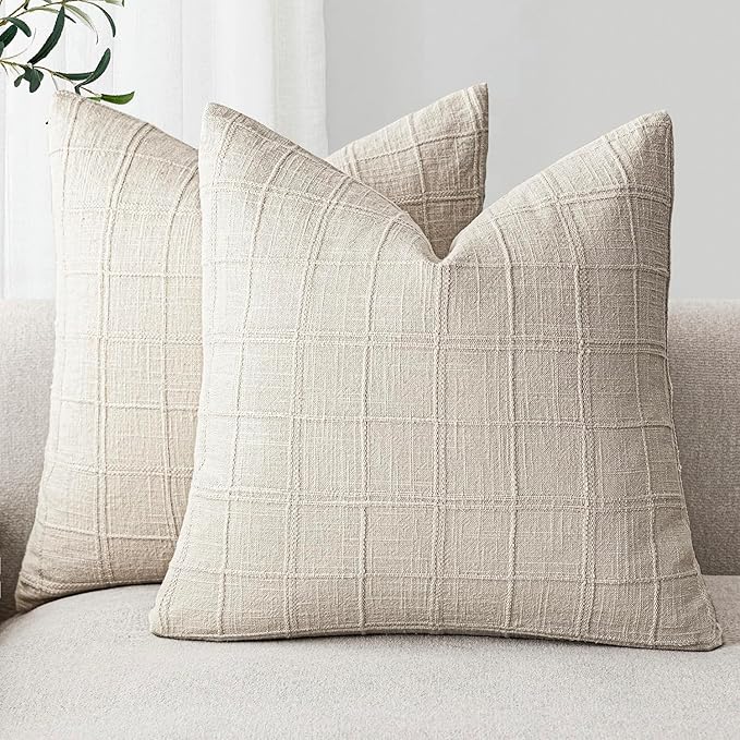 Foindtower Set of 2 Decorative Linen Check Throw Pillow Covers Neutral Farmhouse Vintage Cushion Covers Modern Boho Home Decor for Sofa Chair Couch Bedroom Living Room,18×18 Inch,Natural Beige